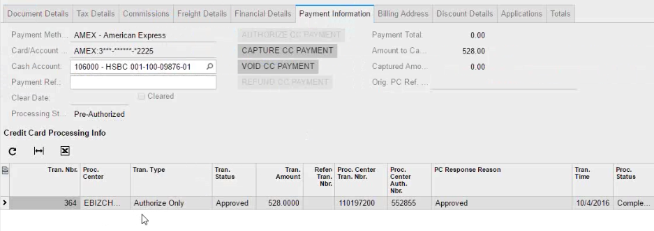 Acumatica credit card processing integration in action